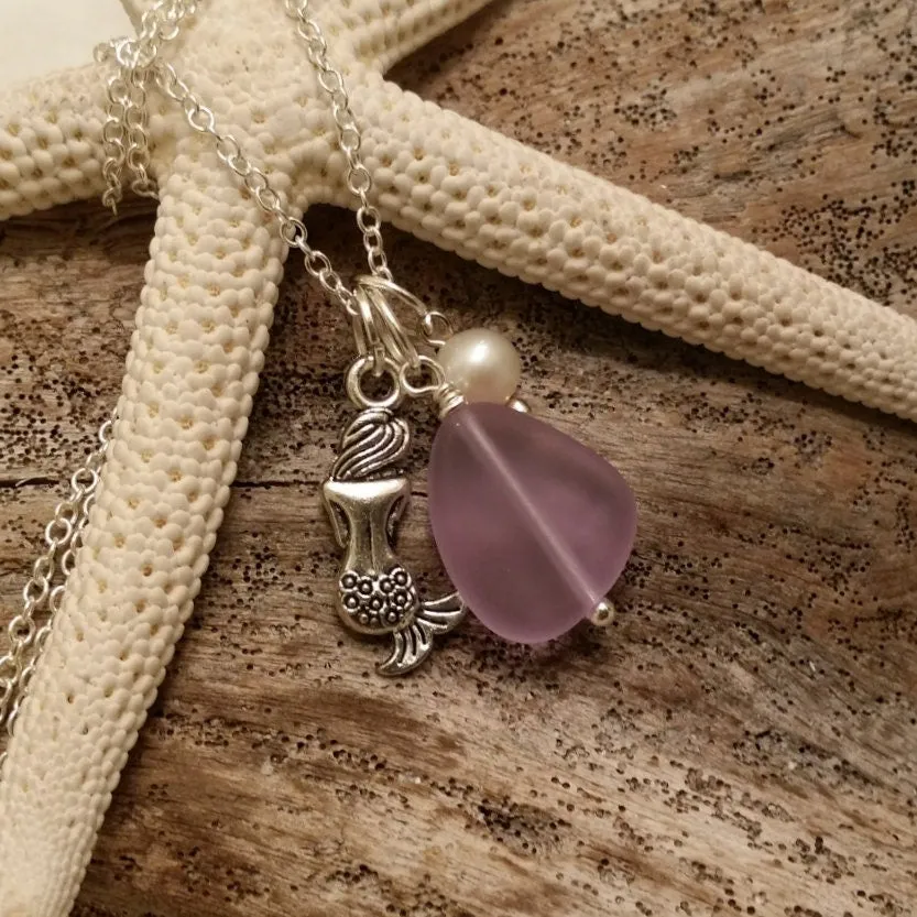 Handmade in Hawaii, purple sea glass necklace, Mermaid charm ,Fresh water pearl,   Mother's Day gift