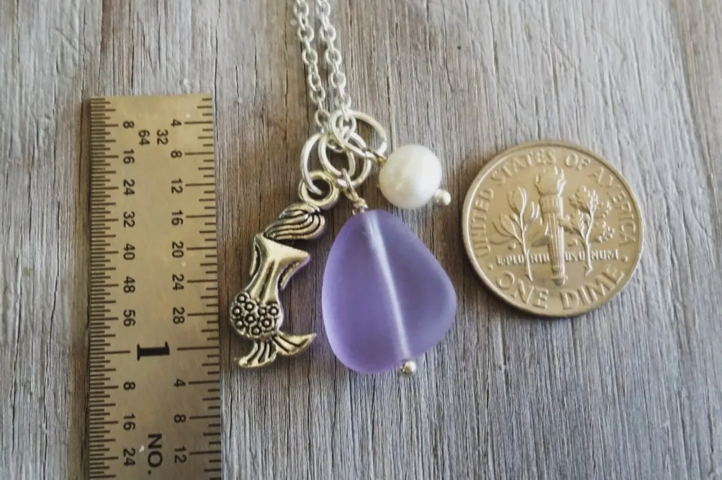 Handmade in Hawaii, purple sea glass necklace, Mermaid charm ,Fresh water pearl,   Mother's Day gift