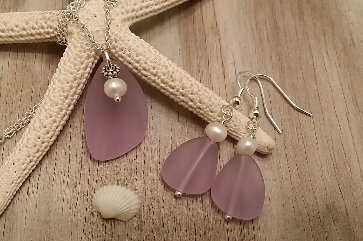 Handmade in Hawaii, "Magical Color Changing" Purple sea glass necklace   earrings jewelry set, natural pearl.