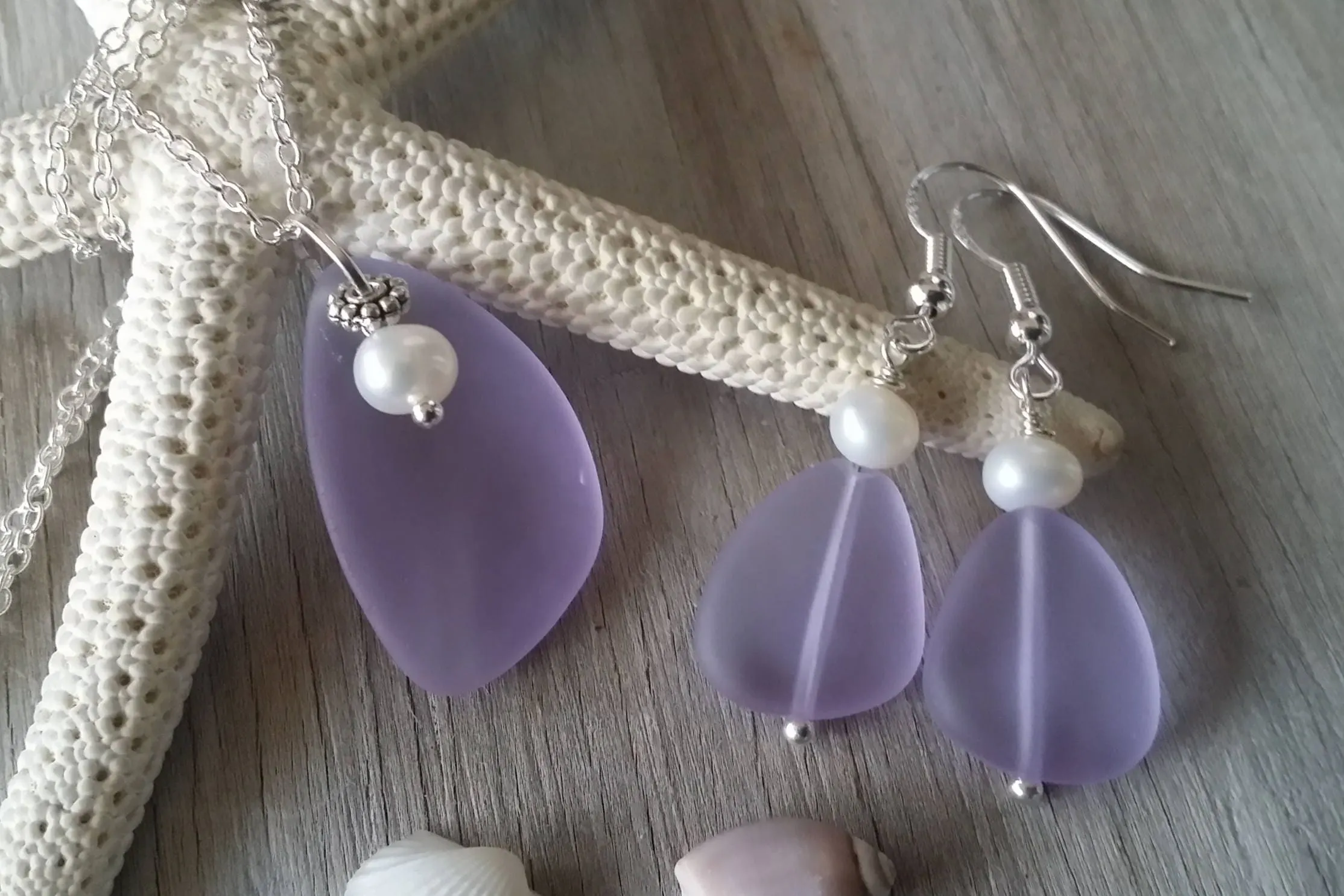 Handmade in Hawaii, "Magical Color Changing" Purple sea glass necklace   earrings jewelry set, natural pearl.