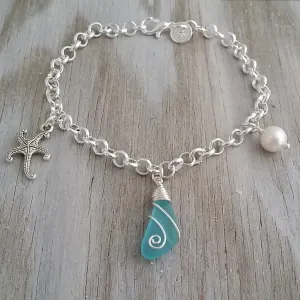 Handmade in Hawaii, wire wrapped blue sea glass chain bracelet, Starfish charm, Natural pearl, Hawaiian jewelry