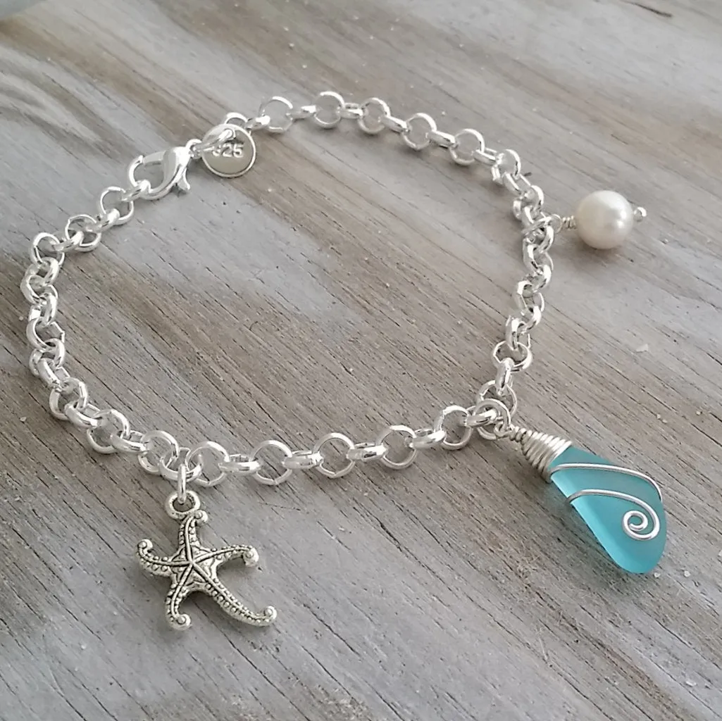 Handmade in Hawaii, wire wrapped blue sea glass chain bracelet, Starfish charm, Natural pearl, Hawaiian jewelry