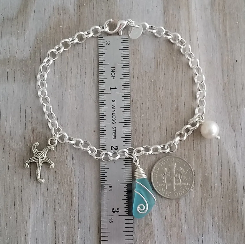 Handmade in Hawaii, wire wrapped blue sea glass chain bracelet, Starfish charm, Natural pearl, Hawaiian jewelry