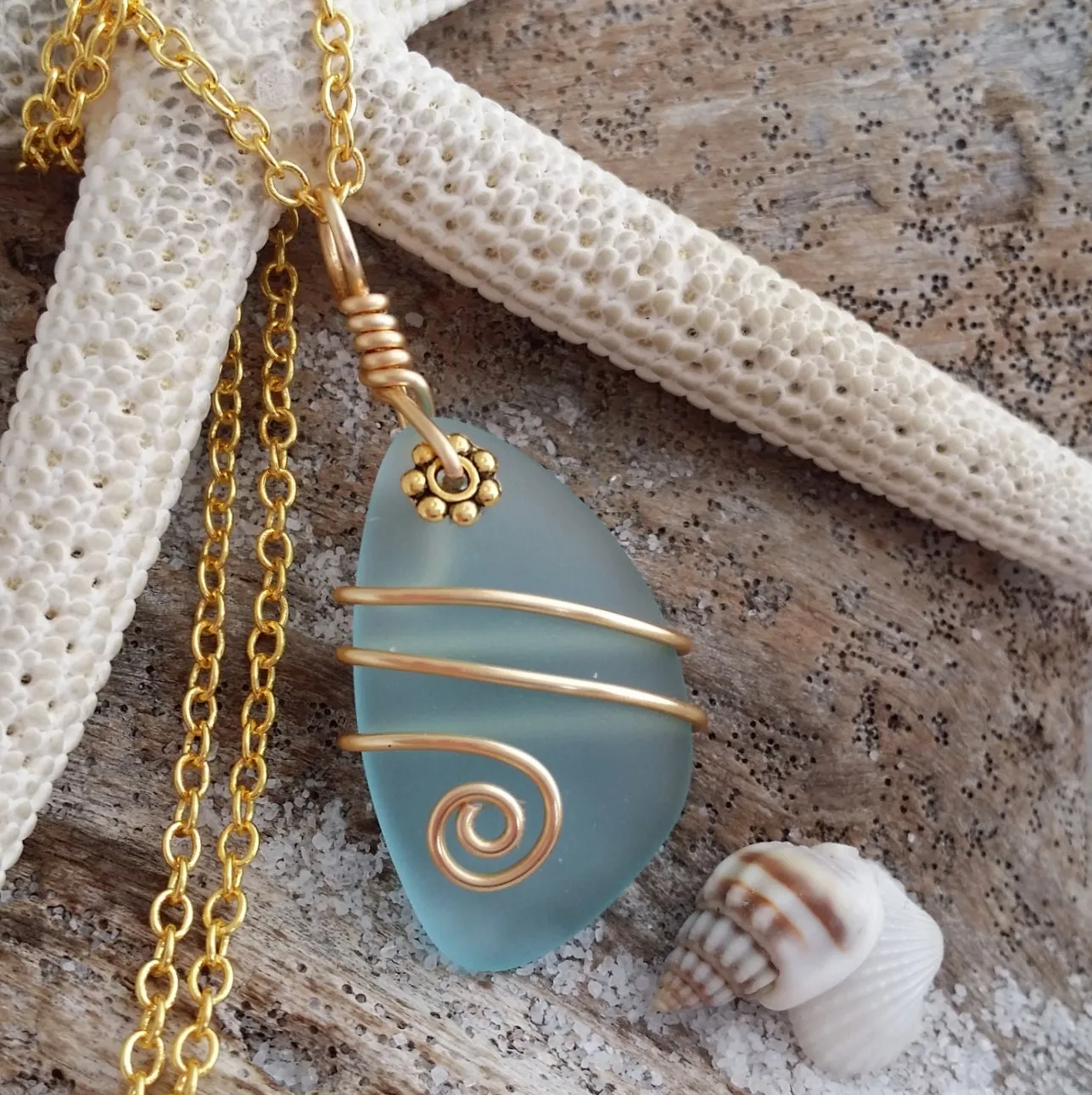 Handmade in Hawaii, Wire wrapped Turquoise Bay blue sea glass necklace, Gold plated chain, Hawaiian  jewelry.Sea glass jewelry.