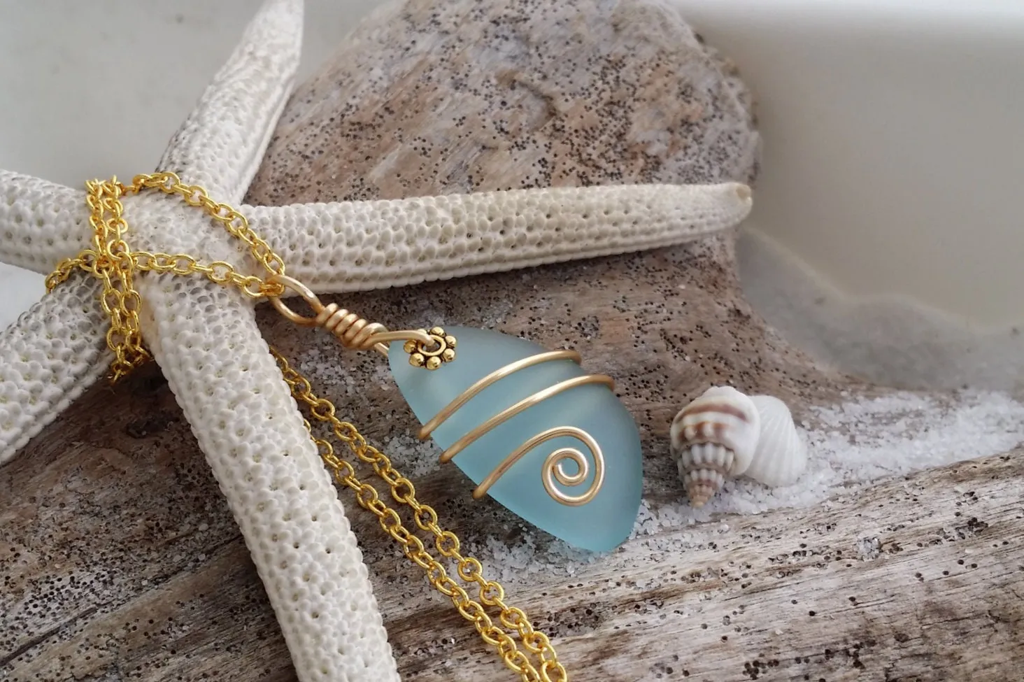 Handmade in Hawaii, Wire wrapped Turquoise Bay blue sea glass necklace, Gold plated chain, Hawaiian  jewelry.Sea glass jewelry.