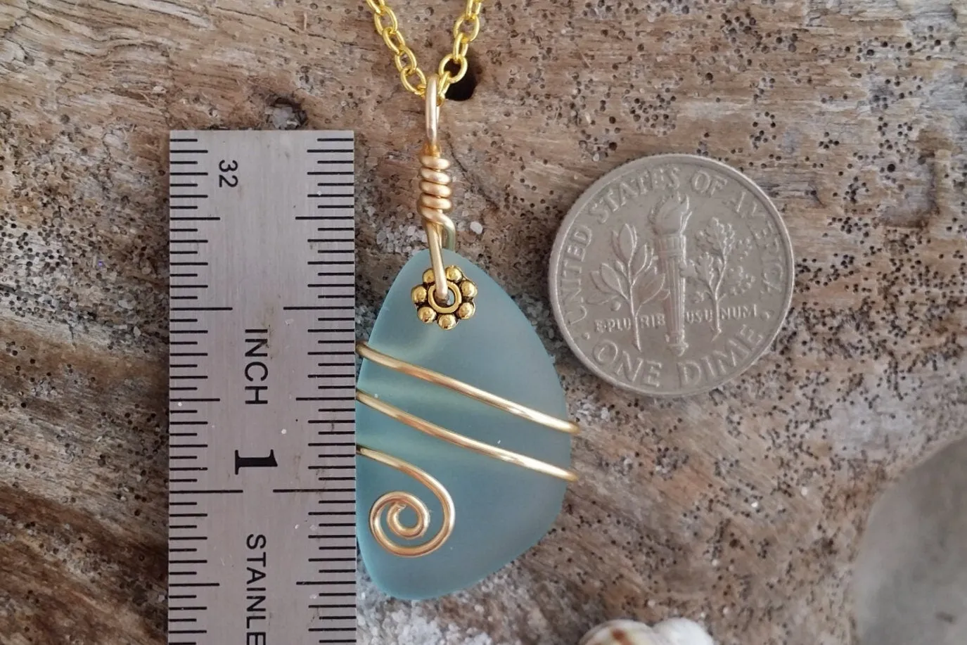 Handmade in Hawaii, Wire wrapped Turquoise Bay blue sea glass necklace, Gold plated chain, Hawaiian  jewelry.Sea glass jewelry.