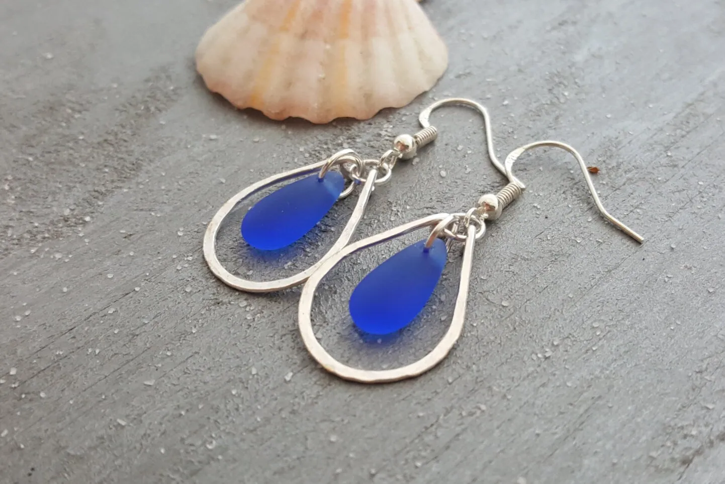 Hawaiian Jewelry Sea Glass Earrings, Hammered Loop Wire Cobalt Blue Earrings, Sea Glass Jewelry Birthday Gift (September Birthstone Jewelry)