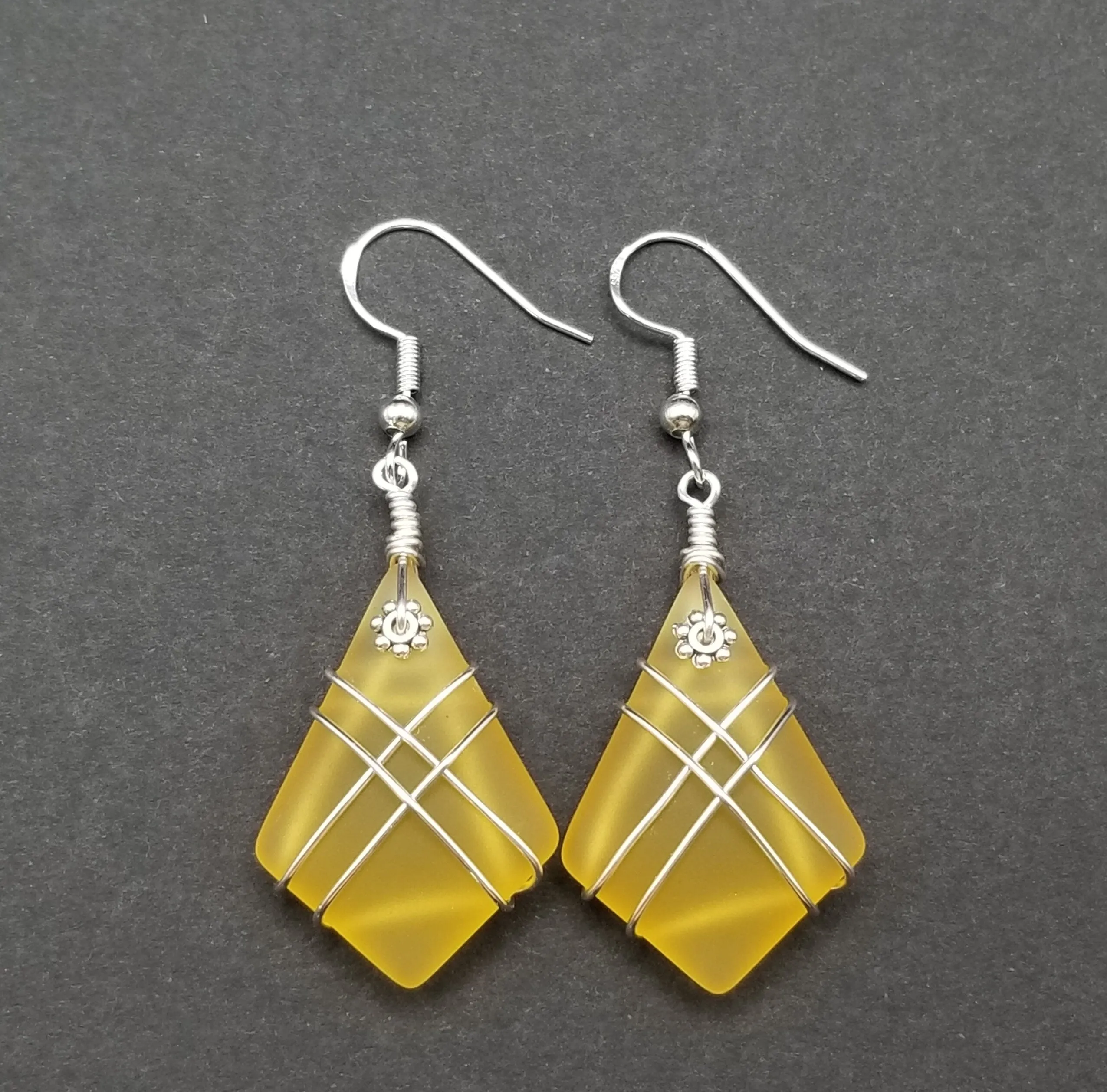Hawaiian Jewelry Sea Glass Earrings, Wire Cross Yellow Earrings, Beach Sea Glass Jewelry Unique Earrings (November Birthstone Jewelry Gift)