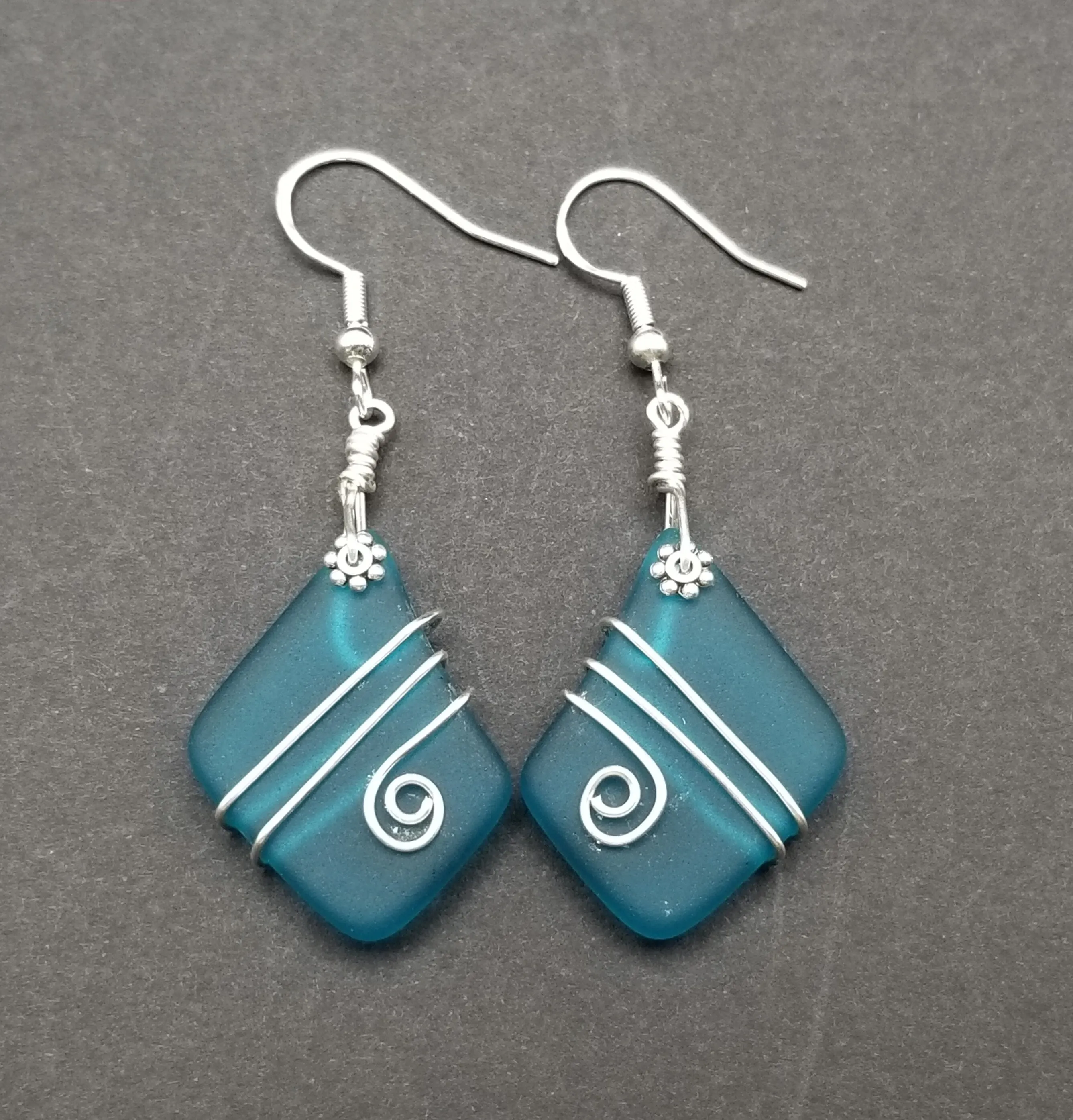 Hawaiian Jewelry Sea Glass Earrings, Wire Teal Earrings,  Beach Jewelry Sea Glass Jewelry Unique Earrings