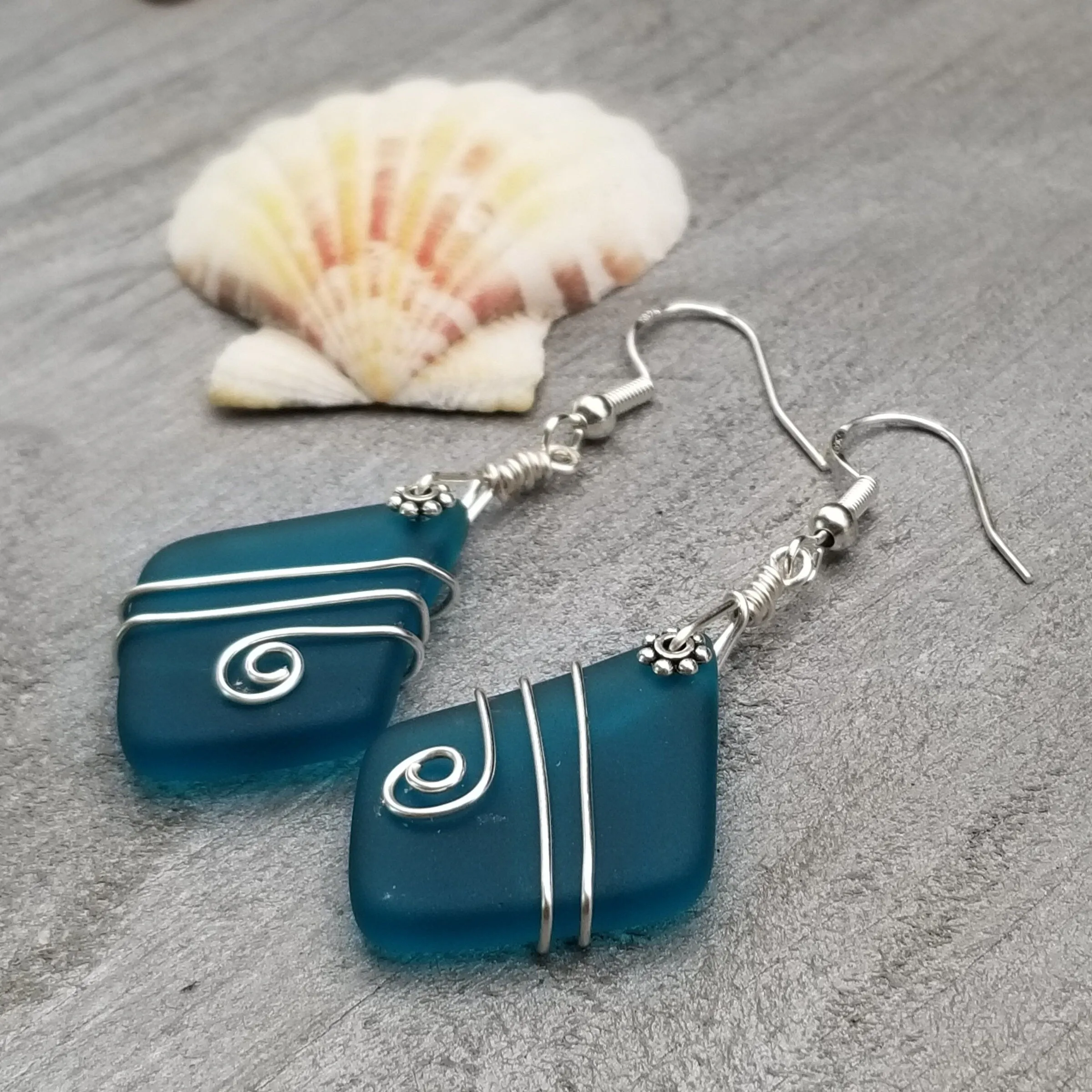 Hawaiian Jewelry Sea Glass Earrings, Wire Teal Earrings,  Beach Jewelry Sea Glass Jewelry Unique Earrings