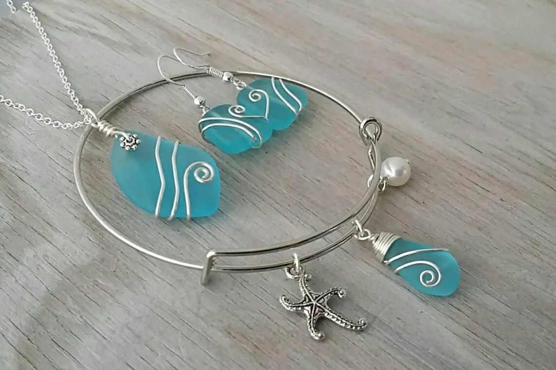 Hawaiian Jewelry Set, Wire Wrapped Necklace Earrings Bracelet Sea Glass Set, Turquoise Blue Jewelry, Birthday Gift (December Birthstone)