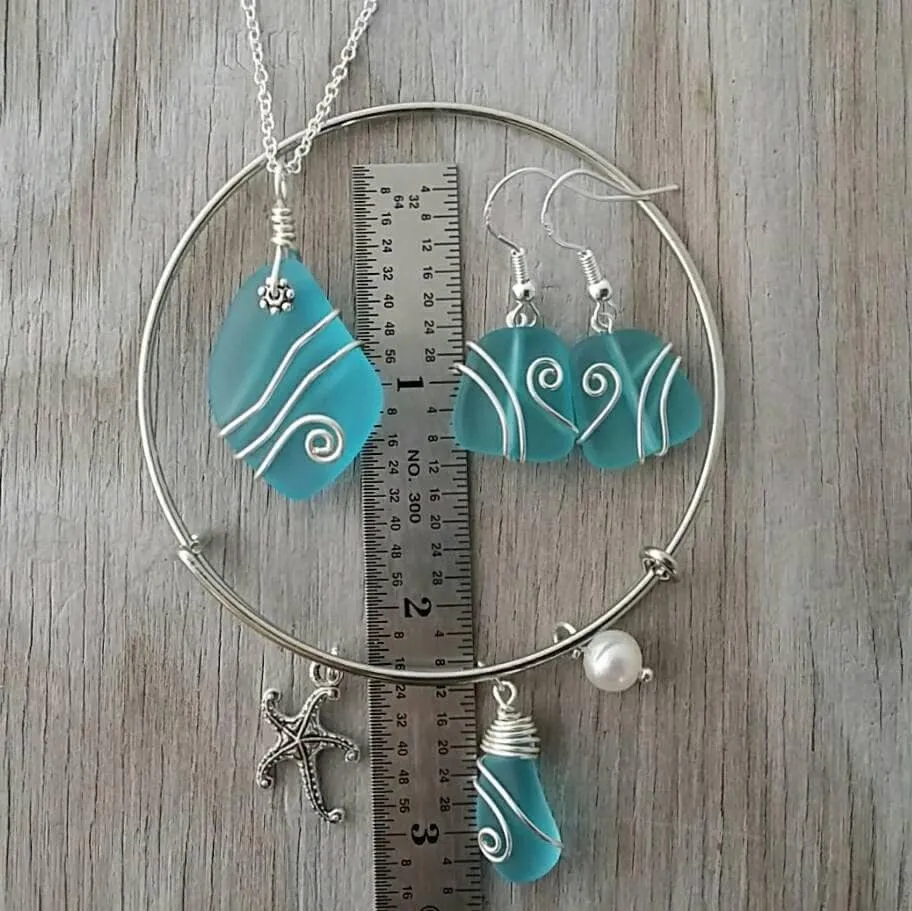 Hawaiian Jewelry Set, Wire Wrapped Necklace Earrings Bracelet Sea Glass Set, Turquoise Blue Jewelry, Birthday Gift (December Birthstone)