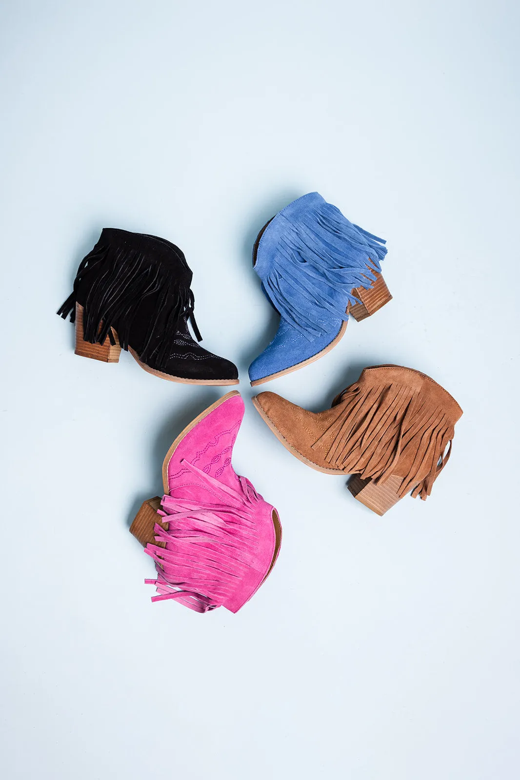 Hazel Blues® |  Amos Fringe Ankle Bootie in Tan Suede