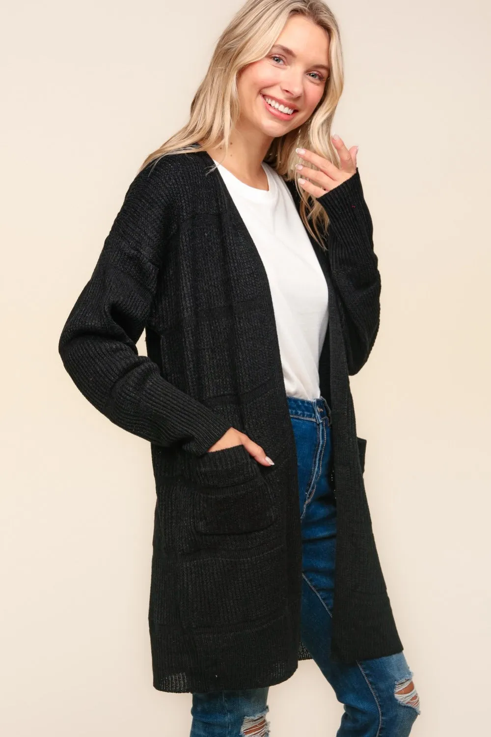 Hazel Blues® |  Haptics Stripe Textured Open Front Cardigan with Pockets