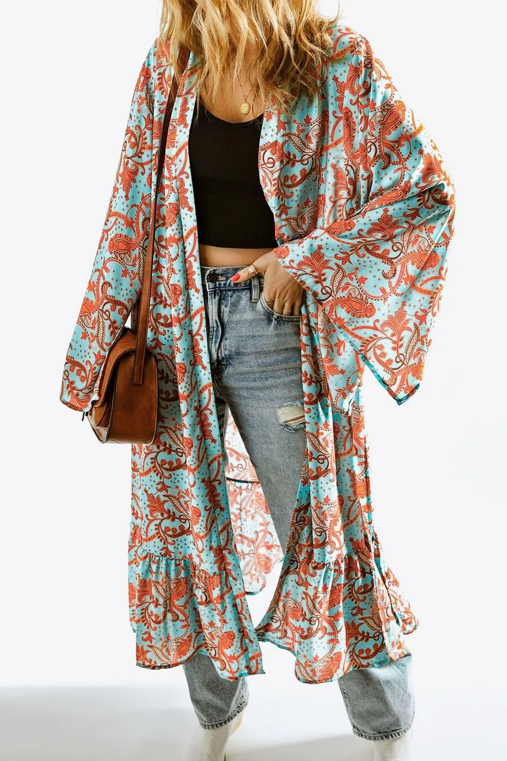 Hazel Blues® |  Printed Open Front Duster Cardigan