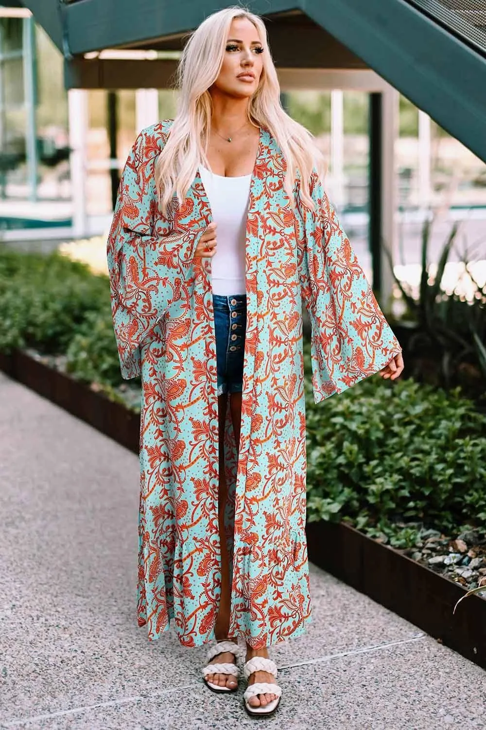 Hazel Blues® |  Printed Open Front Duster Cardigan