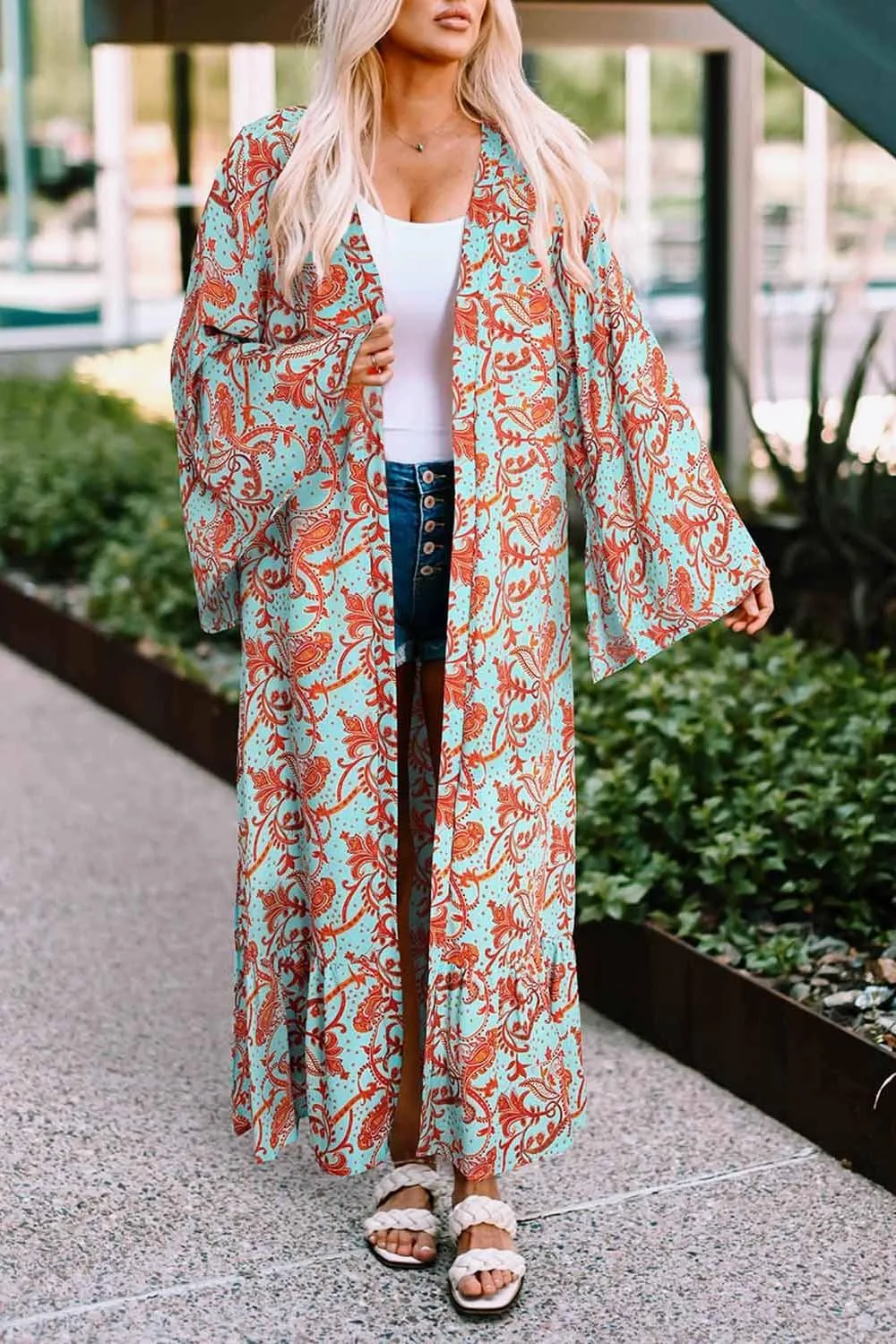 Hazel Blues® |  Printed Open Front Duster Cardigan