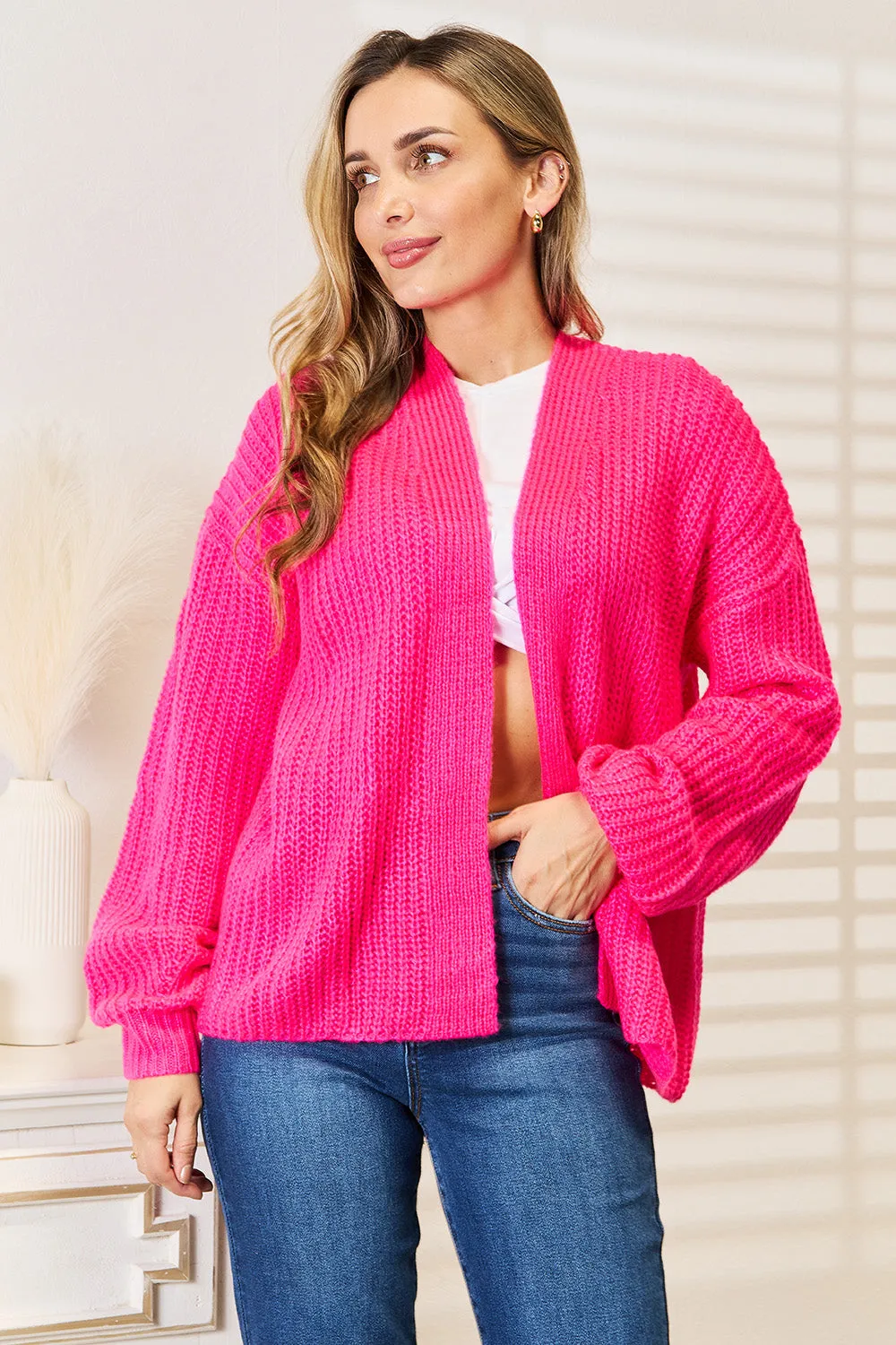 Hazel Blues® |  Woven Right Rib-Knit Open Front Drop Shoulder Cardigan