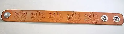 HEMP POT LEAF MARIJUANA HAND STAMPED AND STAINED LEATHER BRACELET ADJUSTABLE