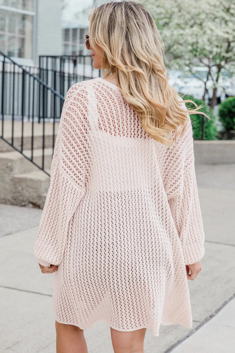 Hollowed Crochet Drop Shoulder Open Front Cardigan