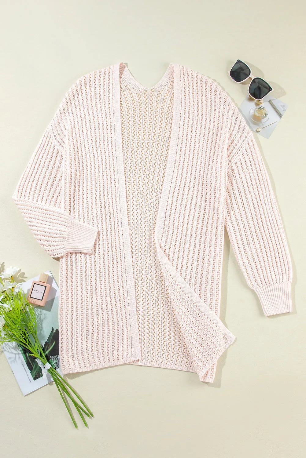 Hollowed Crochet Drop Shoulder Open Front Cardigan