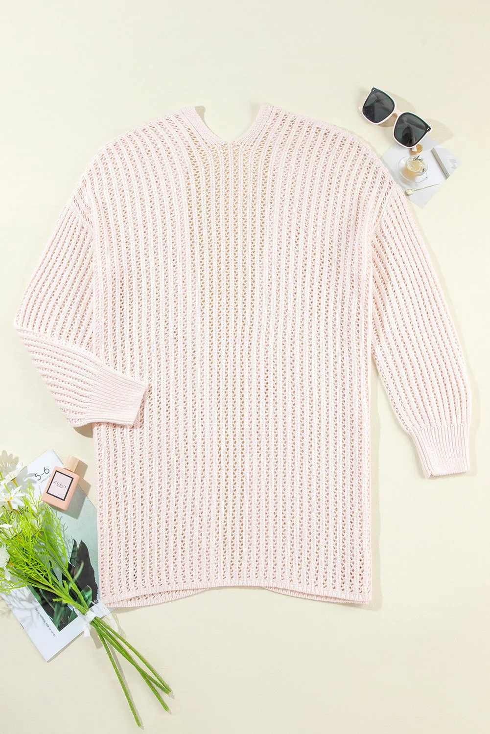 Hollowed Crochet Drop Shoulder Open Front Cardigan