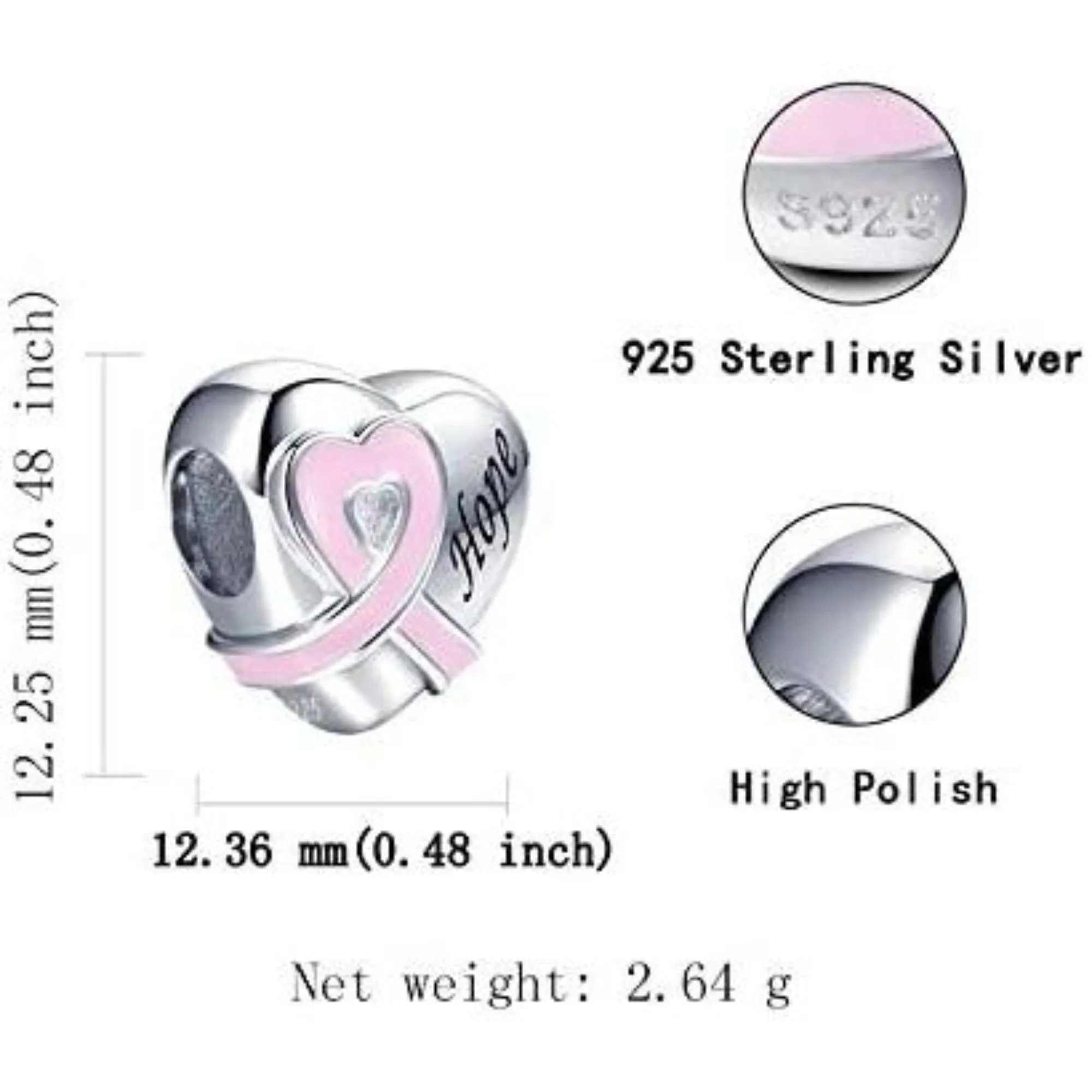 Hope Heart Pink Ribbon Bead Charm