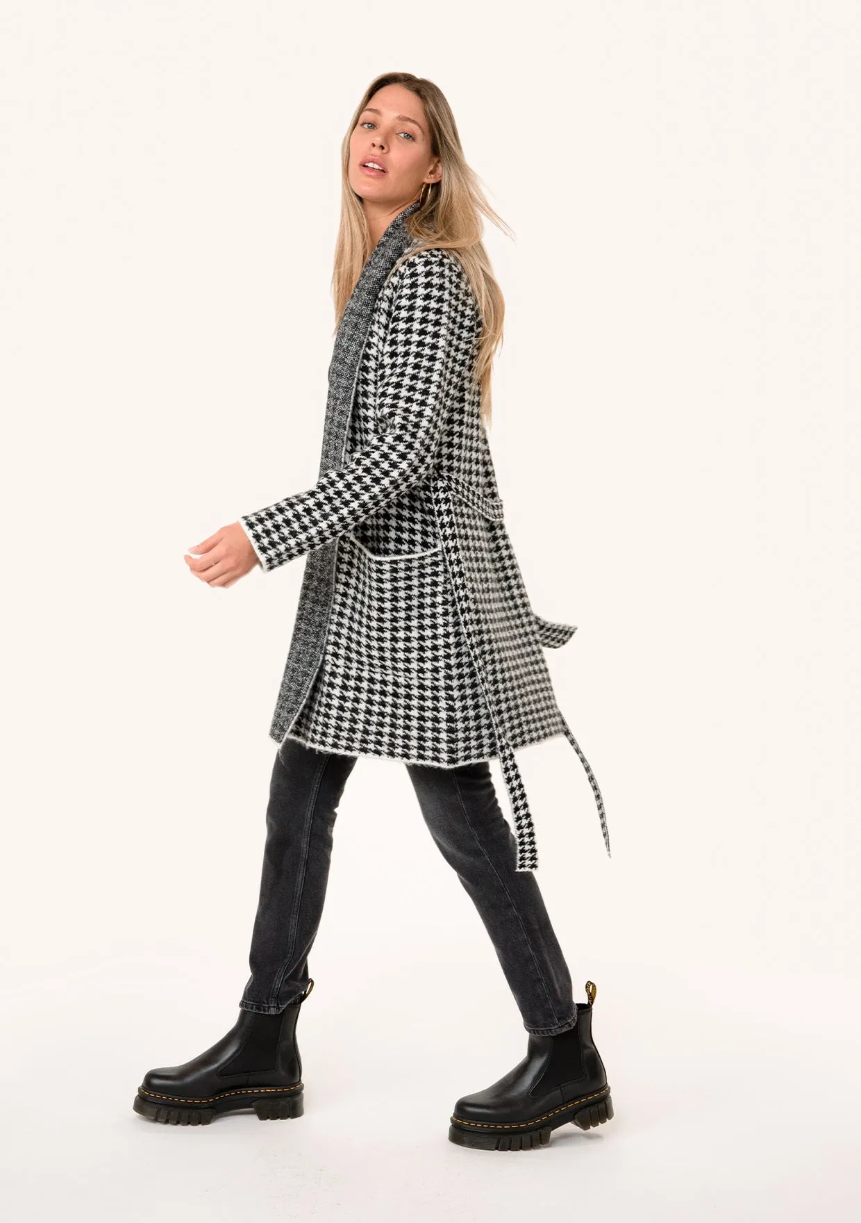 Houndstooth Long Sleeve Belted Shawl Cardigan