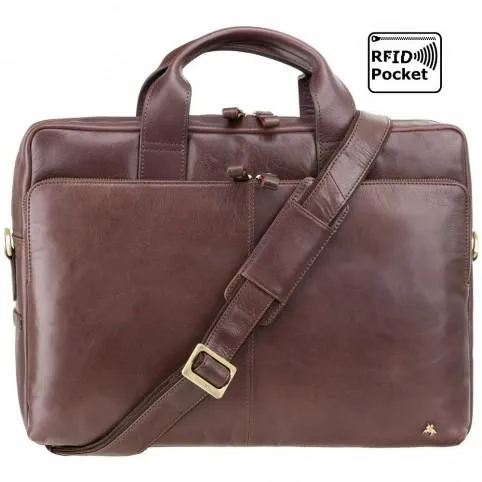 Hugo - 13" Leather Laptop Briefcase- Merlin Brown