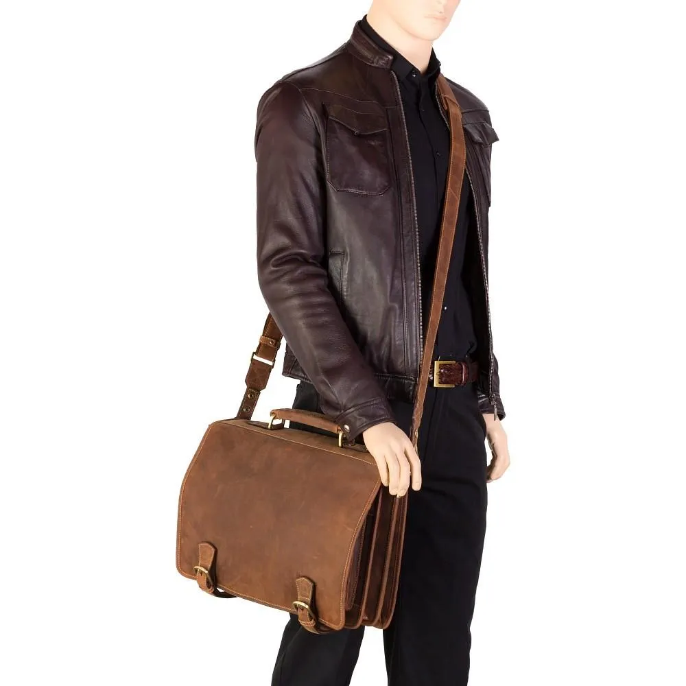 Hulk - Large Multi Compartment Mens Leather Laptop Briefcase - Oiled Tan Brown