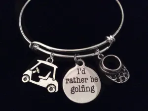I'd Rather Be Golfing Expandable Silver Charm Bracelet Adjustable Wire Bangle Golf Gift