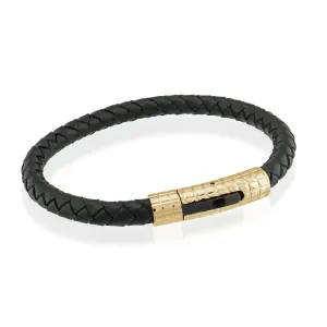 Italgem Black Braided Leather and Stainless Steel Gold Plated Clasp Bracelet