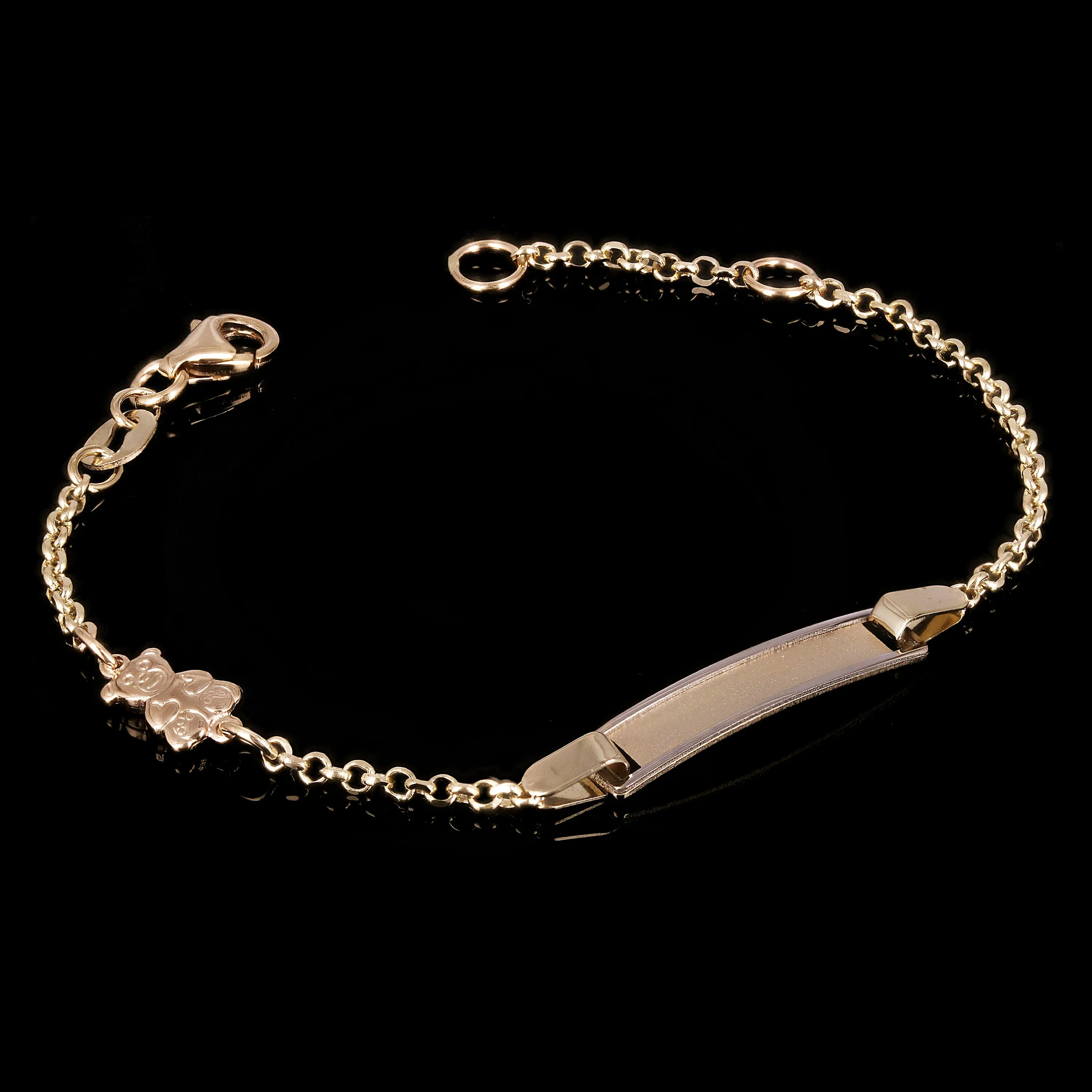 Italian 14k Yellow Gold Engravable Teddy Bear Charm Baby Kids ID Bracelet 5.5"