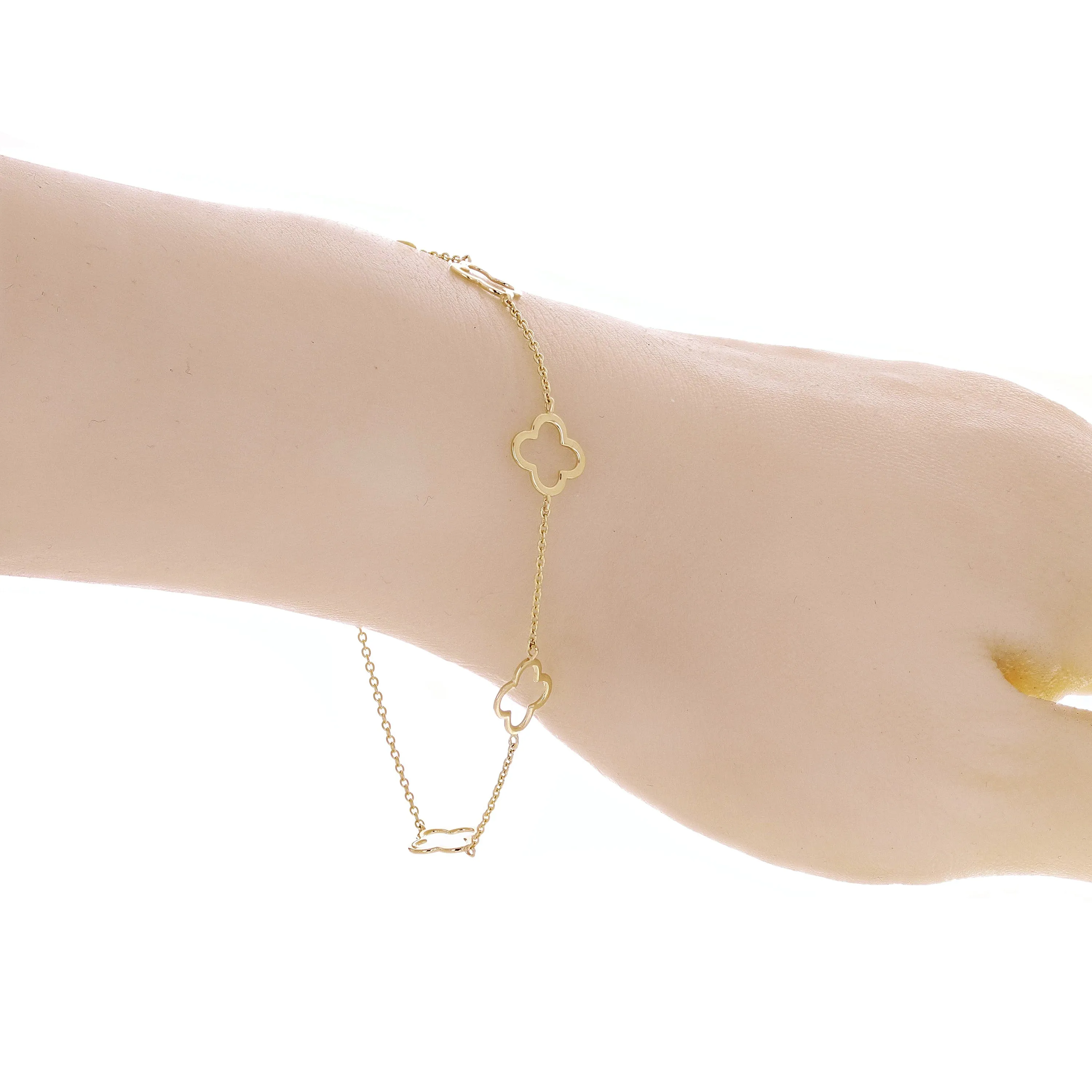 Italian 14k Yellow Gold Four Leaf Clover Anklet Bracelet 10" 1.7 grams
