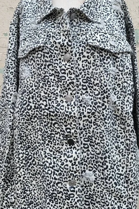 Ivory Leopard Distressed Button Up Jacket