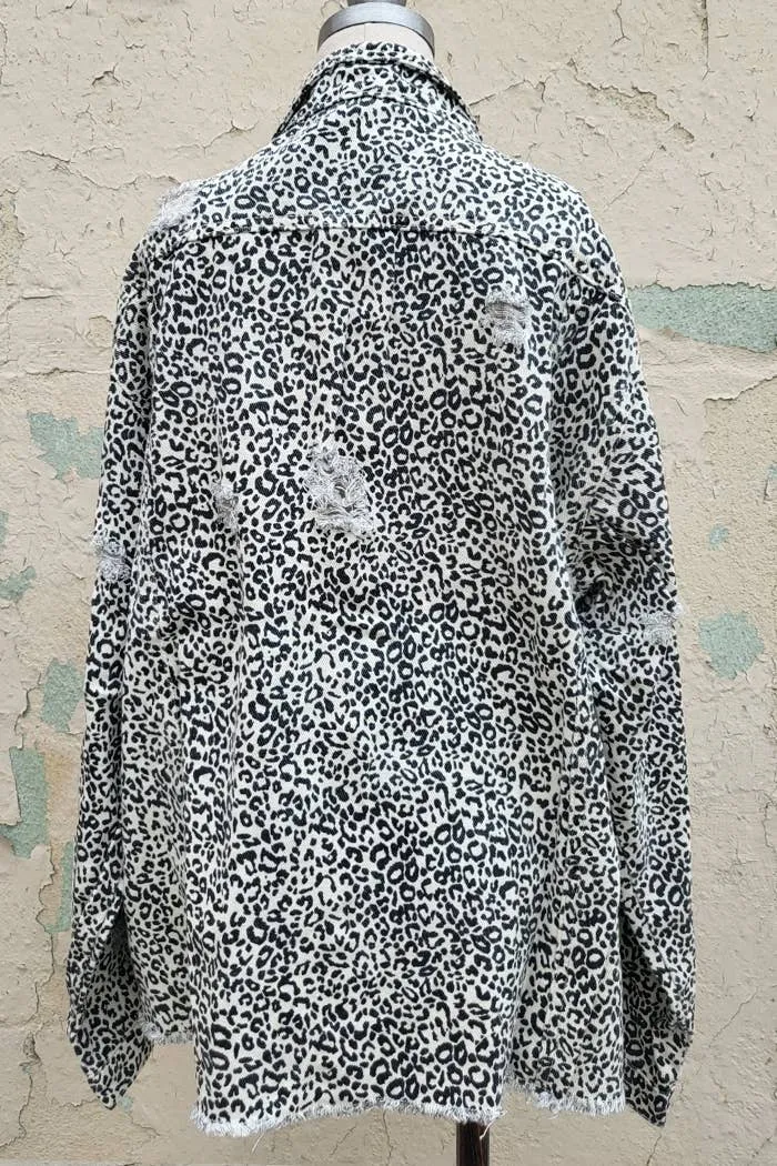 Ivory Leopard Distressed Button Up Jacket