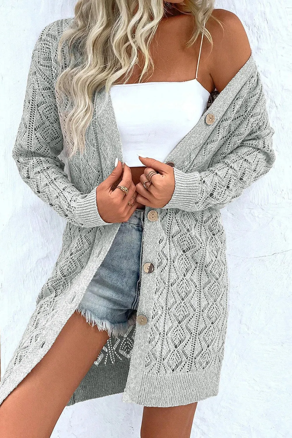 Ivy Openwork Button Down Long Sleeve Cardigan