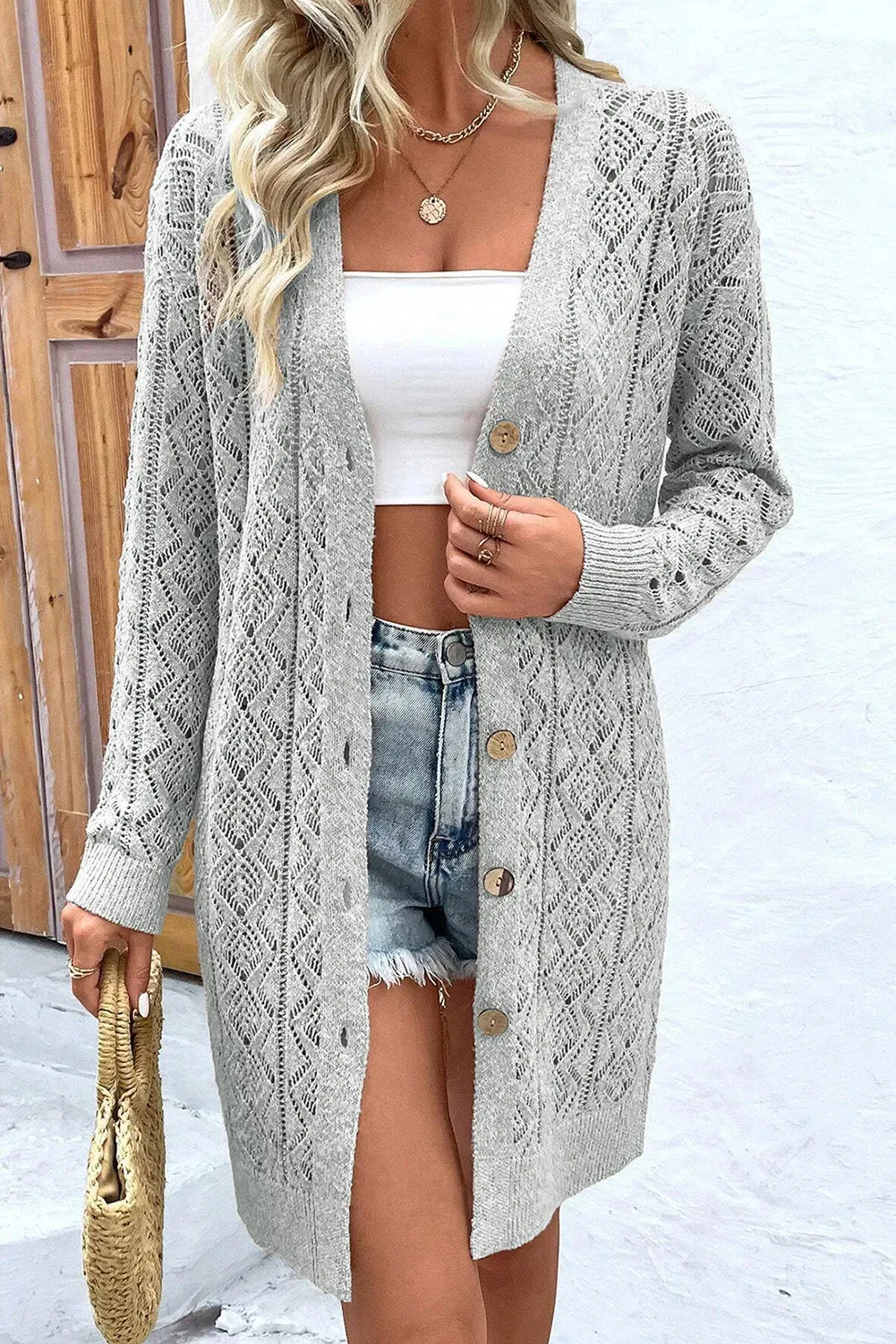 Ivy Openwork Button Down Long Sleeve Cardigan
