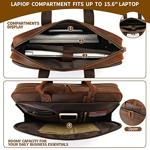 Jack&Chris Full Grain Leather Briefcase for Men,Business Messenger Bag Laptop Bag Attache Case 15.6",MB005-9L…