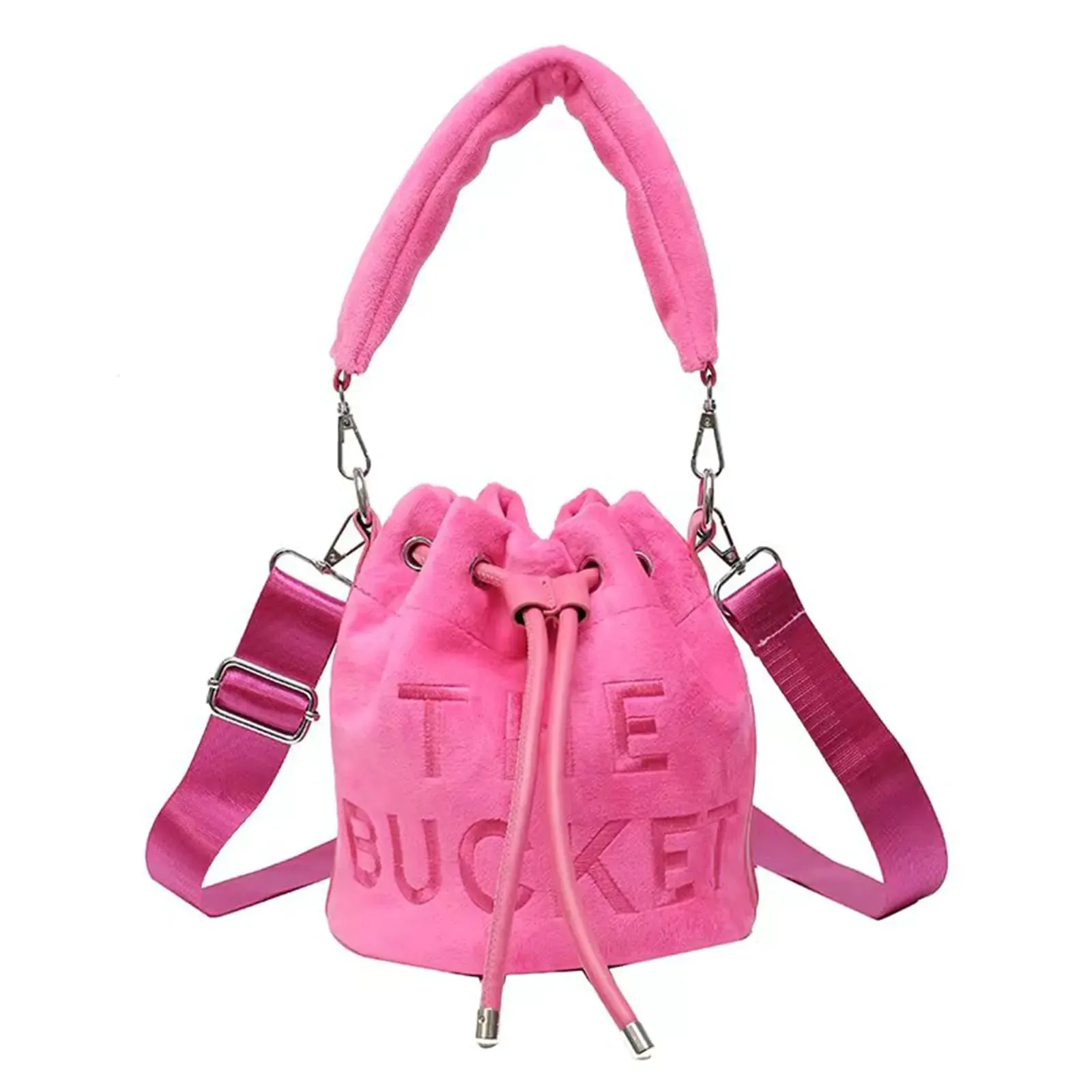JQAliMOVV Bucket Bags for Women Mini Bucket Bag Purses Soft Plush Crossbody Bucket Bags Drawstring Handbags Hobo Bag (Rose Red)