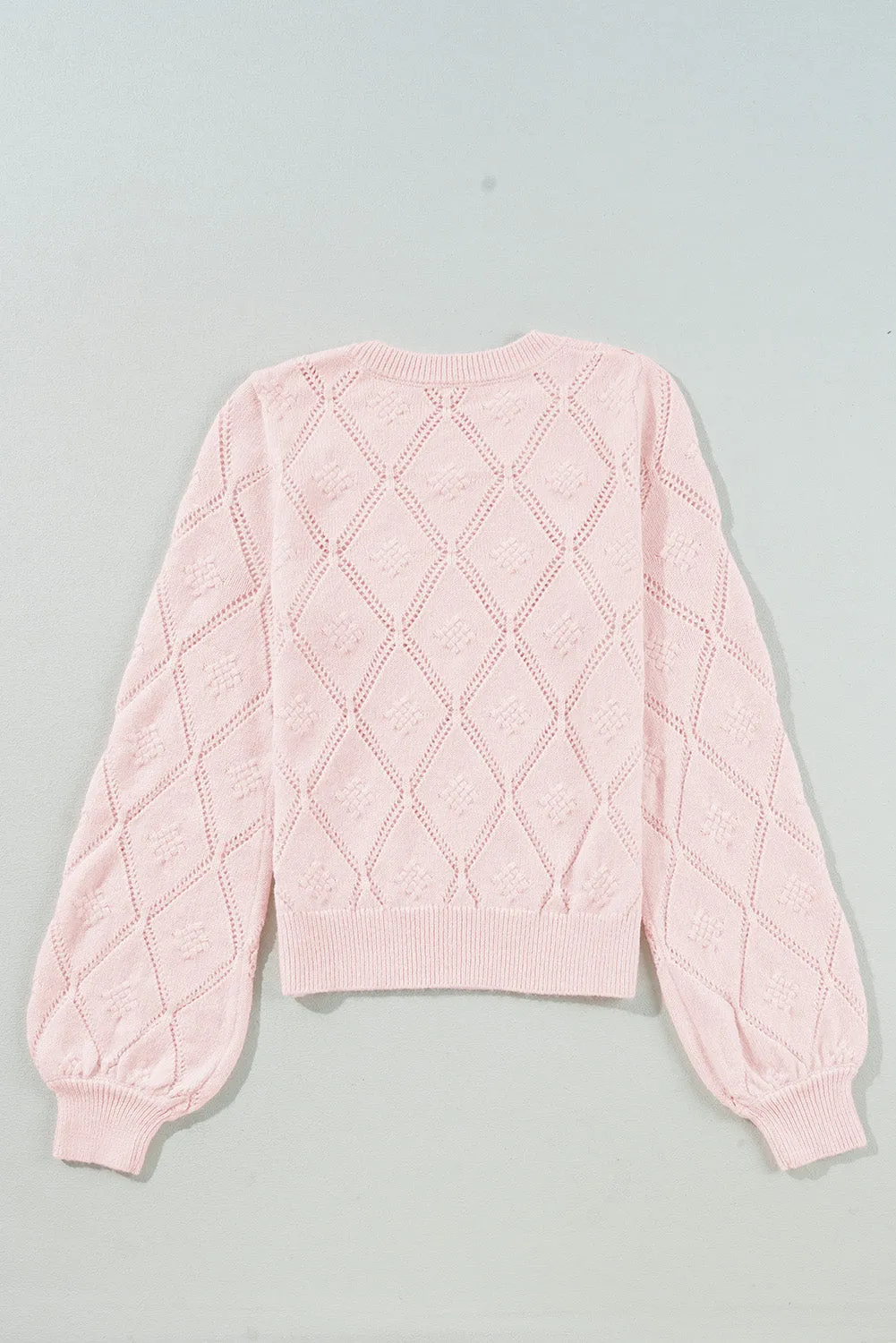KaleaBoutique Openwork Plaid Puff Sleeve Cropped Sweater