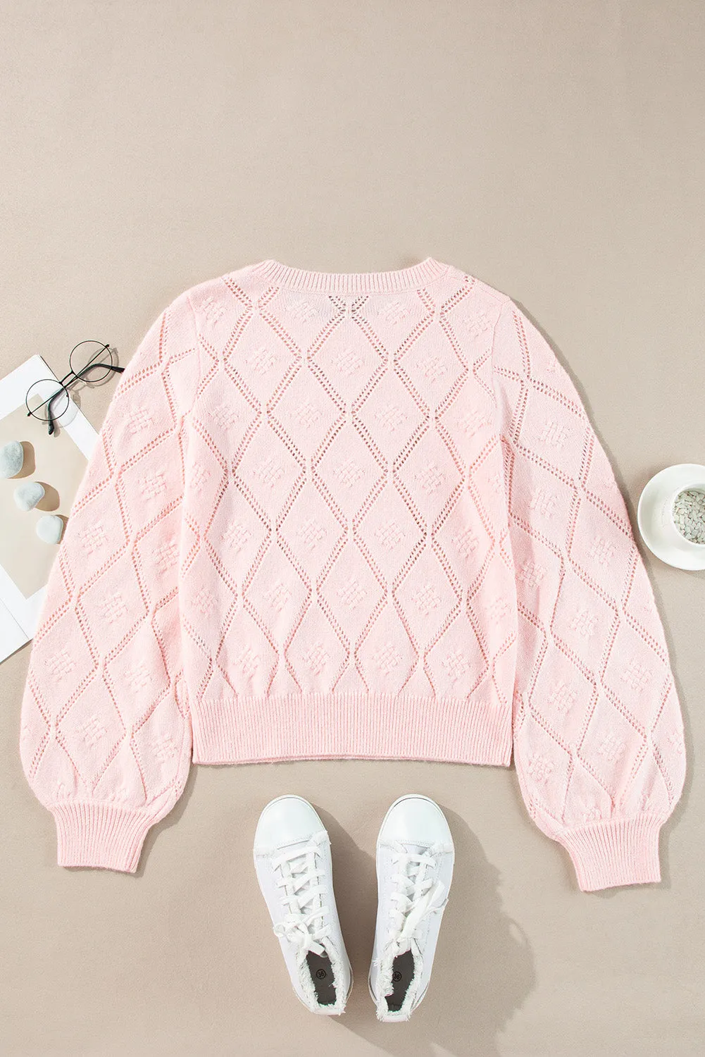 KaleaBoutique Openwork Plaid Puff Sleeve Cropped Sweater