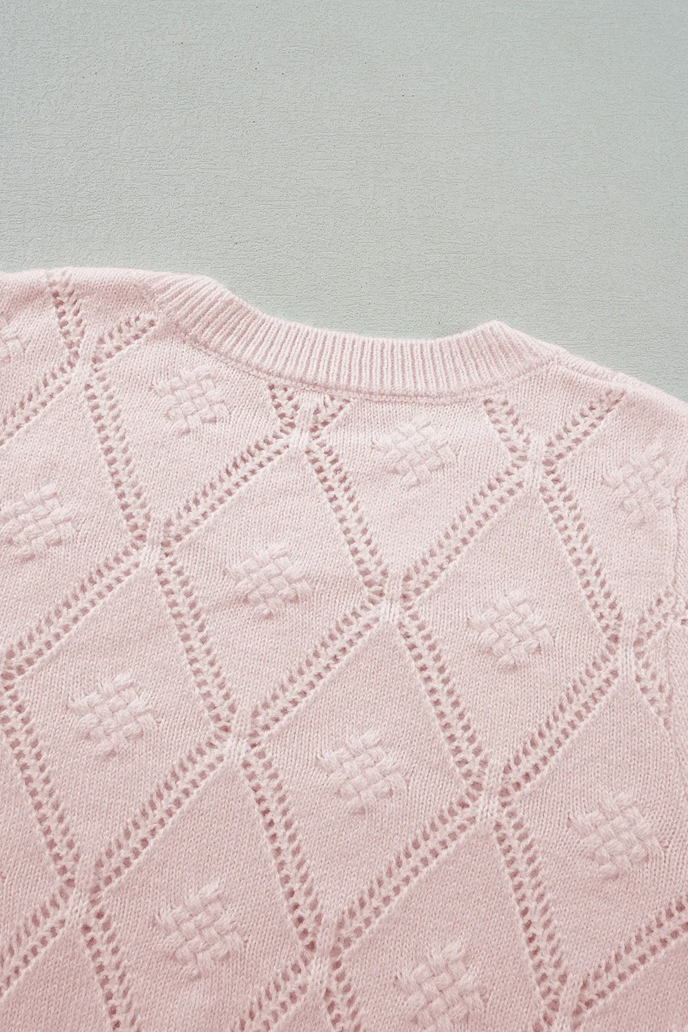 KaleaBoutique Openwork Plaid Puff Sleeve Cropped Sweater