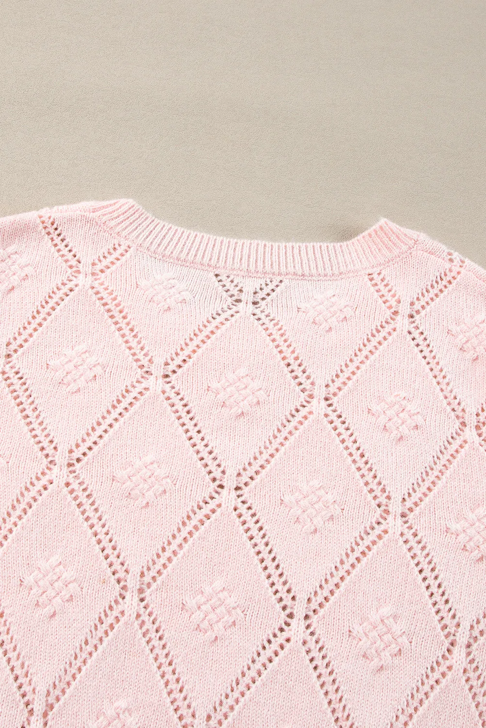 KaleaBoutique Openwork Plaid Puff Sleeve Cropped Sweater
