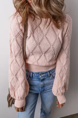 KaleaBoutique Openwork Plaid Puff Sleeve Cropped Sweater