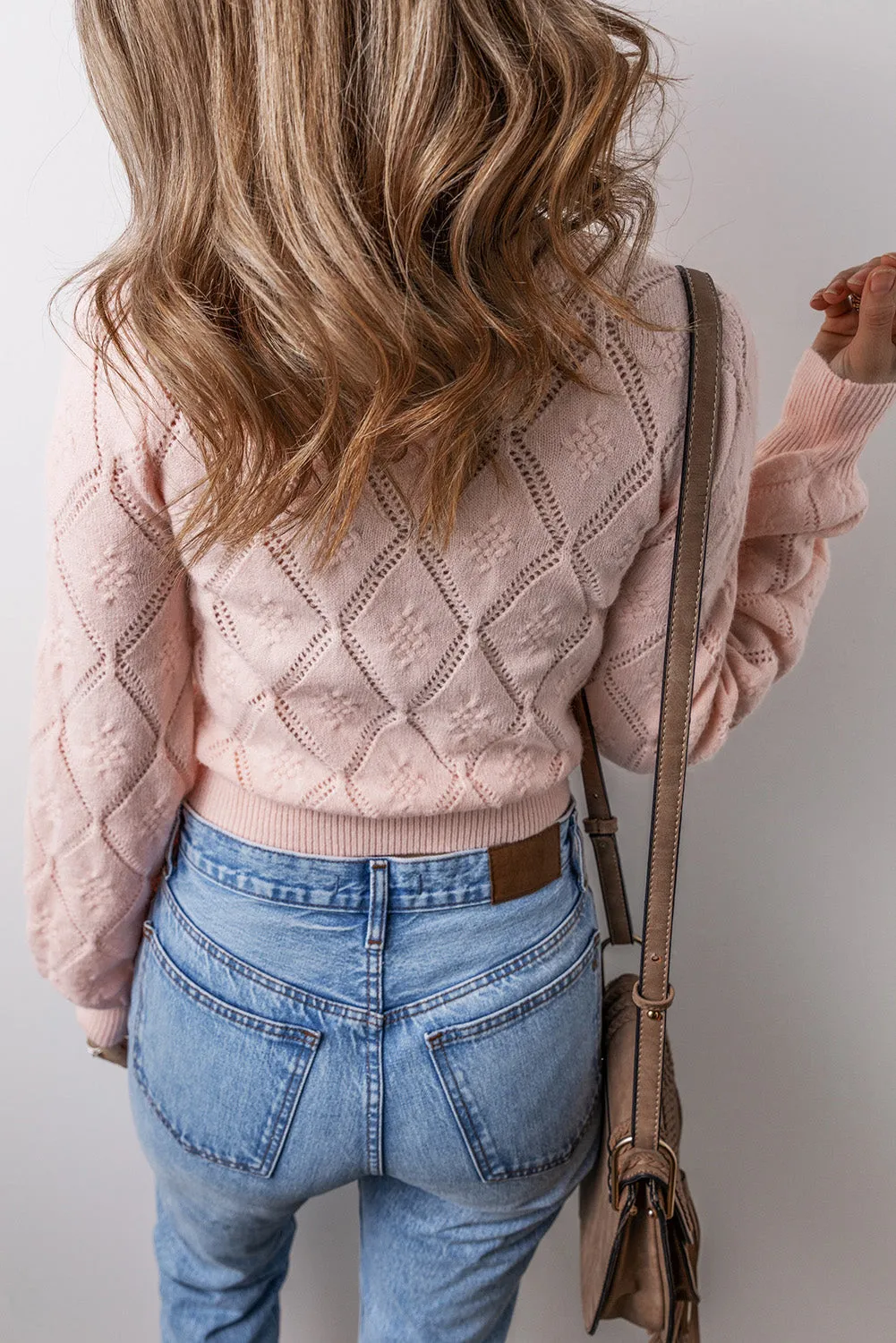 KaleaBoutique Openwork Plaid Puff Sleeve Cropped Sweater