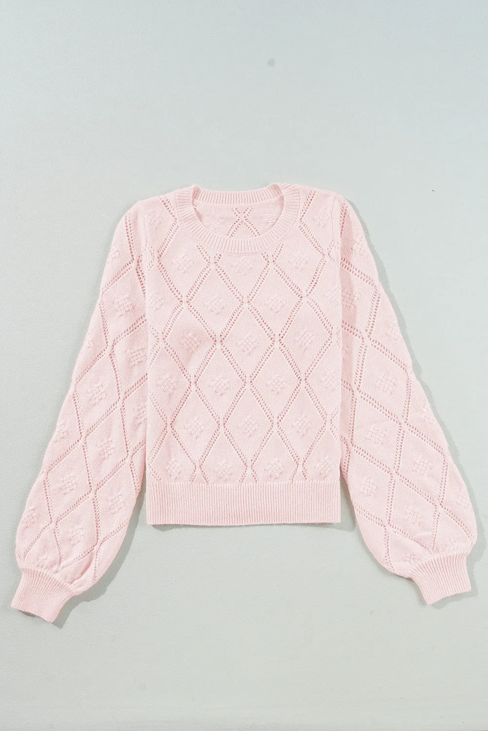 KaleaBoutique Openwork Plaid Puff Sleeve Cropped Sweater