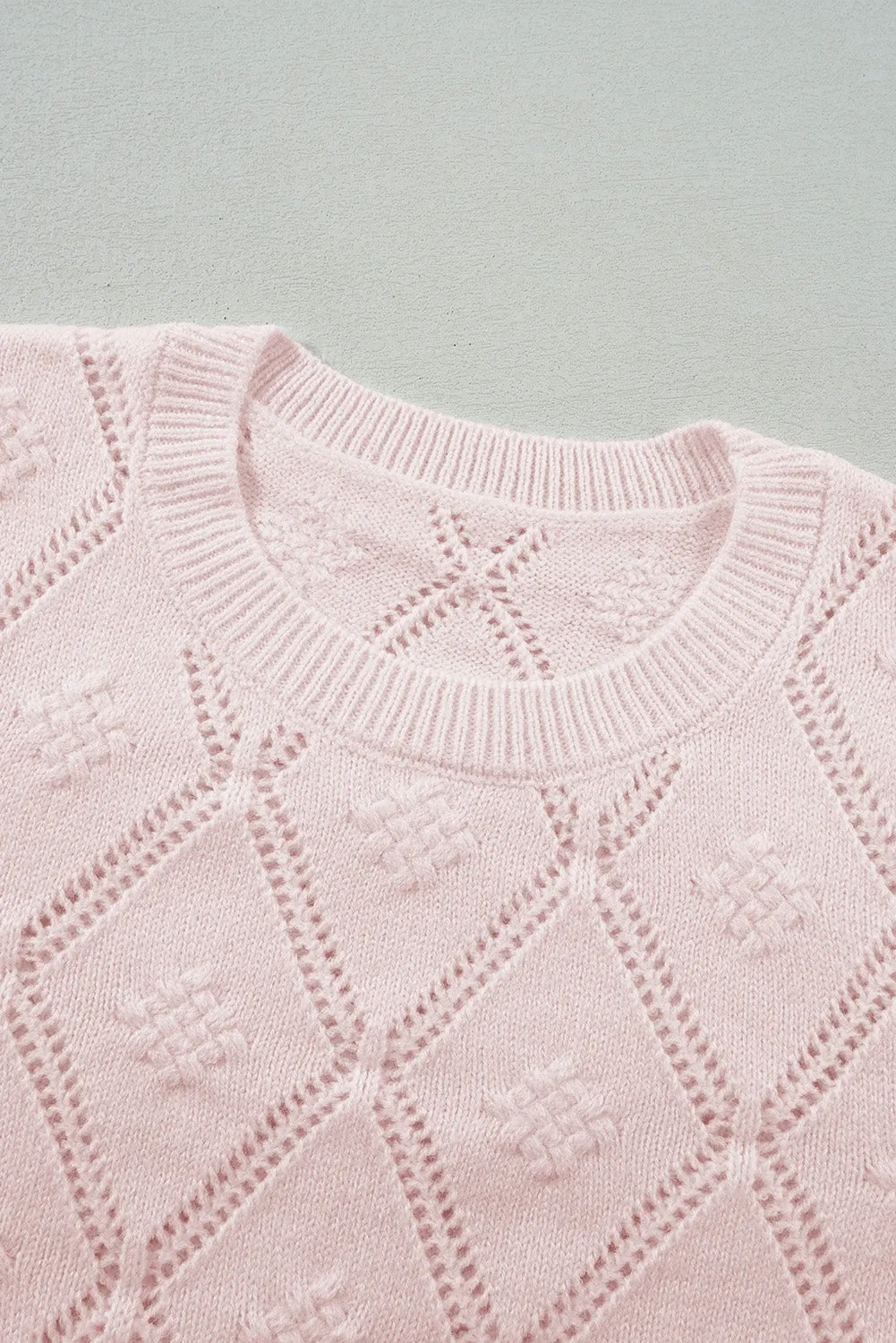 KaleaBoutique Openwork Plaid Puff Sleeve Cropped Sweater