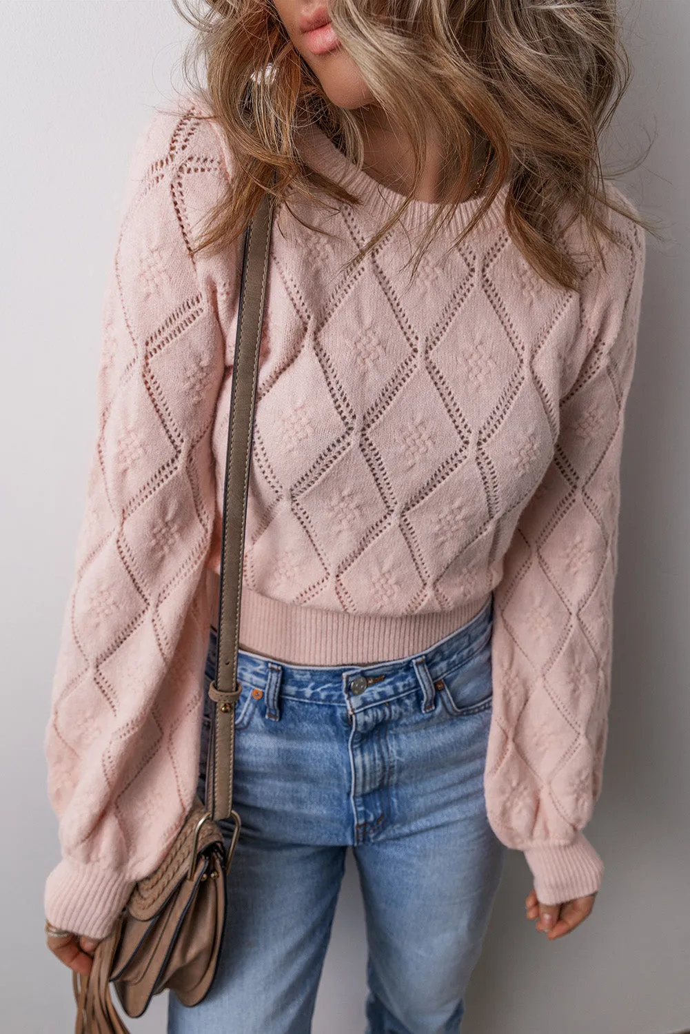 KaleaBoutique Openwork Plaid Puff Sleeve Cropped Sweater