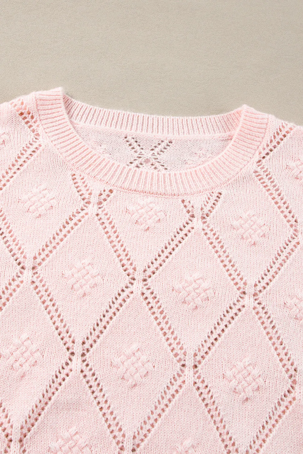 KaleaBoutique Openwork Plaid Puff Sleeve Cropped Sweater